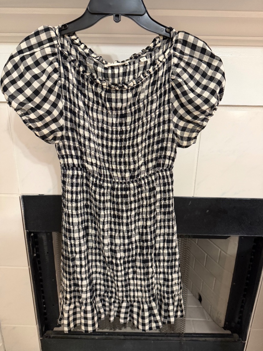 DÔEN Black White Gingham Smocked Puff Sleeve Dress S